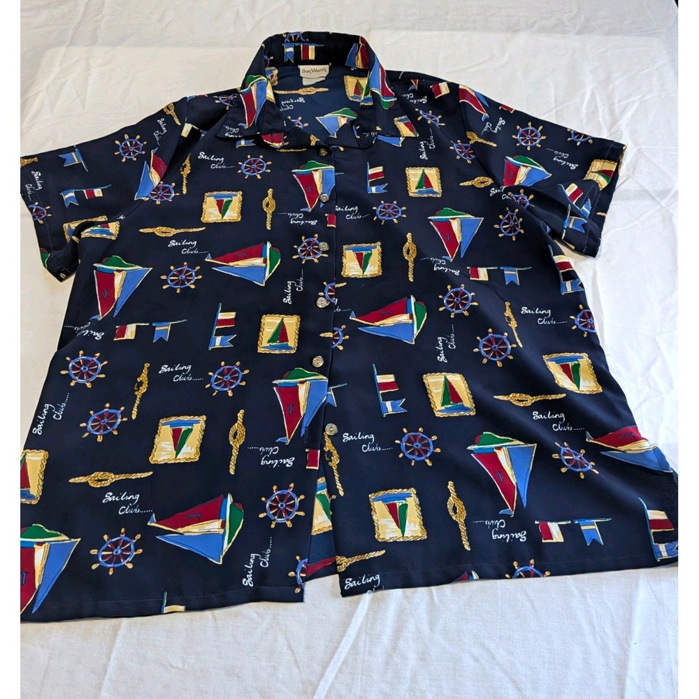 BonWorth Men's L Navy Nautical Novelty Short Sleeve Button-Up Shirt Point Collar